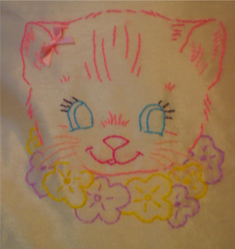 Hand Embroidered Vintage Kitten Cushion.